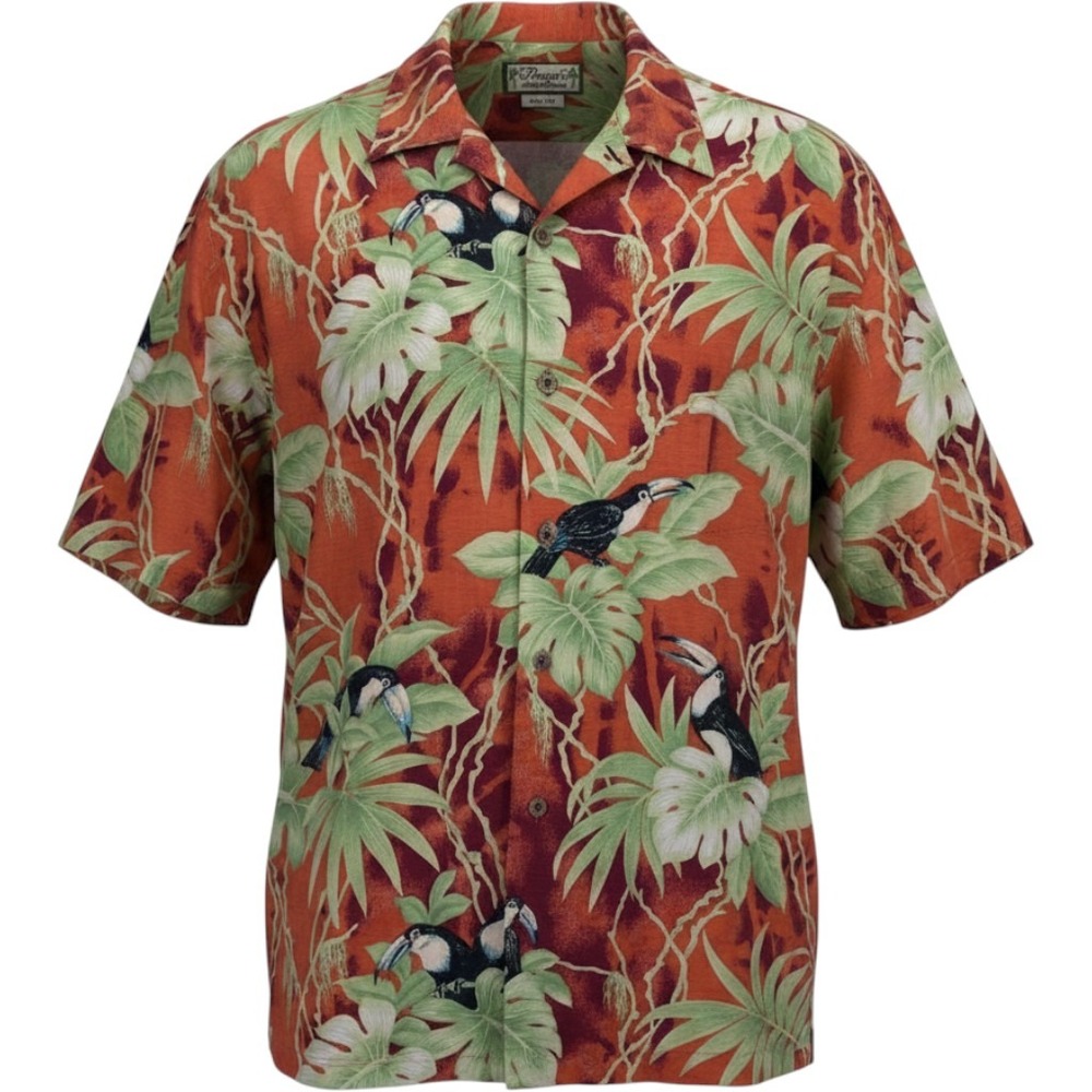 Pussers Island Reserve 100% Silk Mens‎ Shirt Hawaiian Toucan Vacation Tropical